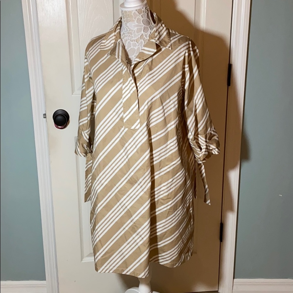 Bagutta Tan & White Diagonal Stripe Long Sleeve Shirt Dress